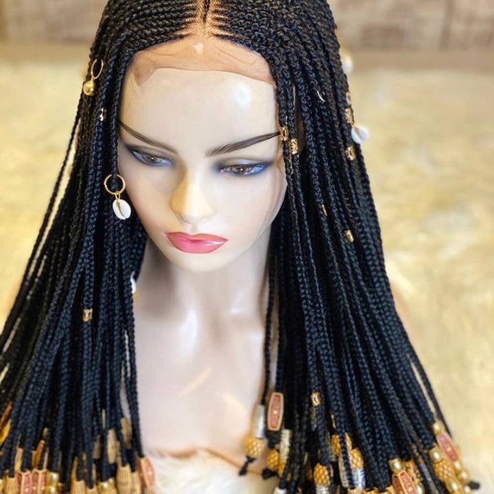 Long Full Closure Braided Wig/ Box Braid Wig With Beads And Cowries for wholesale by Lamuskwigs