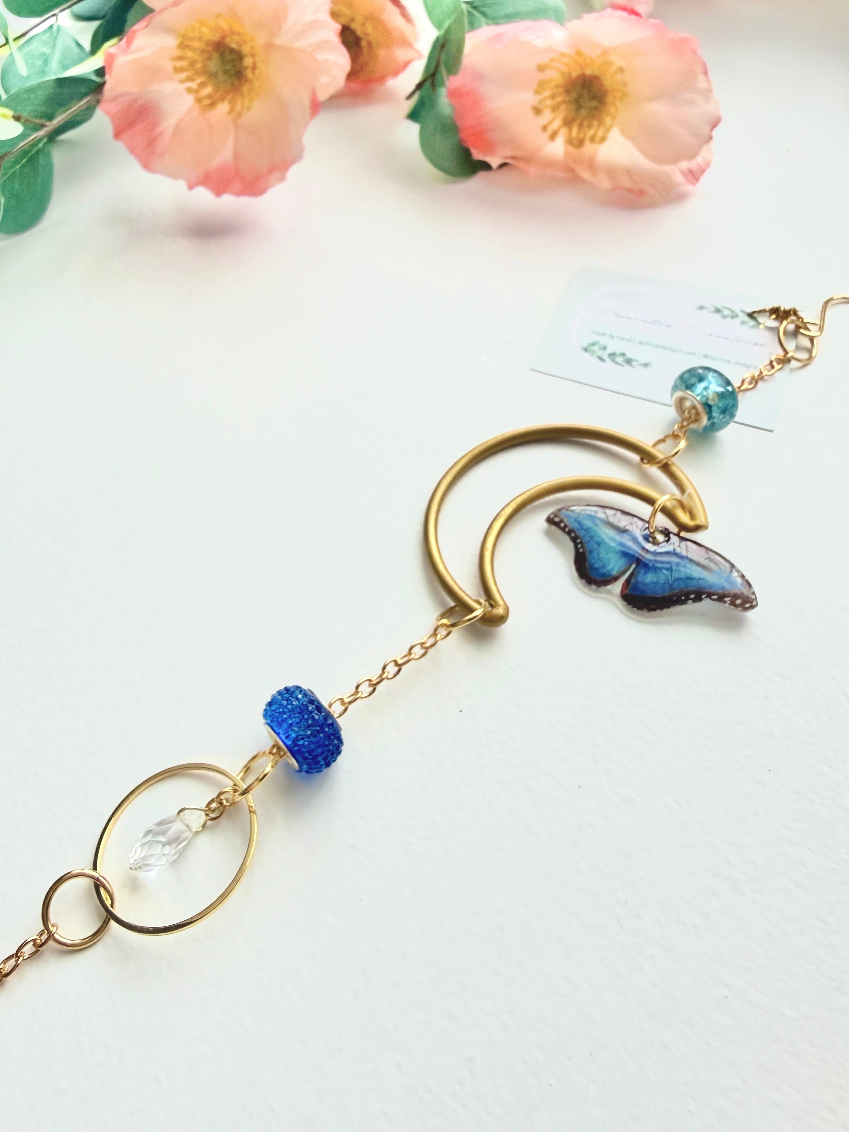 D. Prince Designs - Wholesale Suncatcher - Handmade + Hand-Illustrated Blue Morpho Butterfly Suncatcher with Blue Beads1