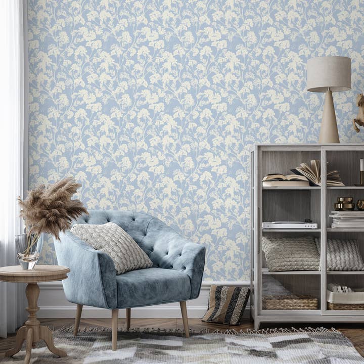 Vit blommig tapet, blå väggmålning - 19” B x 118” H för wholesale av SimurgWallArts