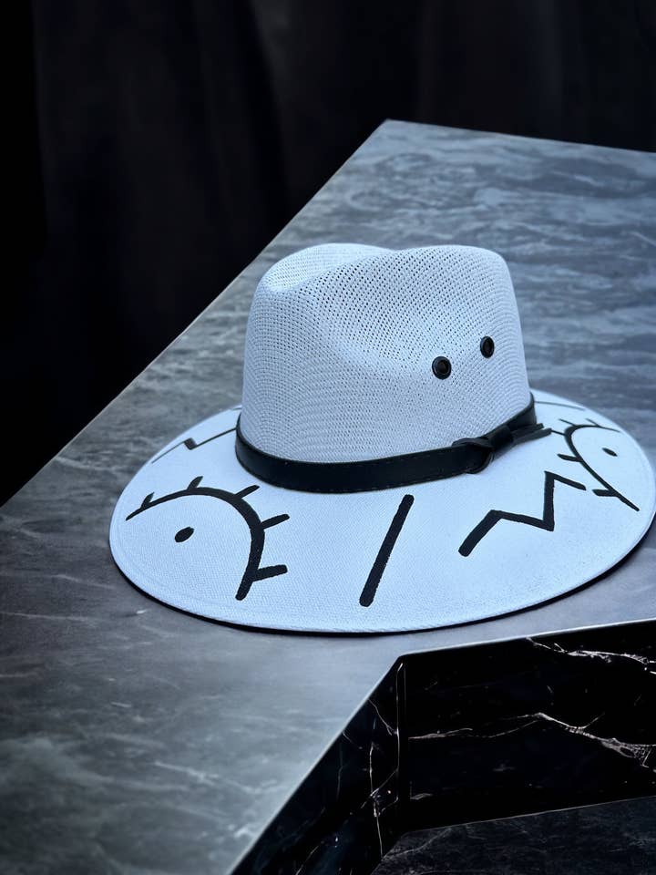 Geometric Eye Painted Jute Canvas Hat for wholesale by Bella Soul