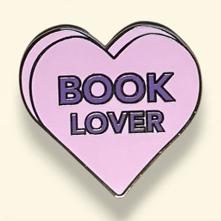 Book Lover - Conversation Heart Enamel Pin for wholesale by Library Cat Designs