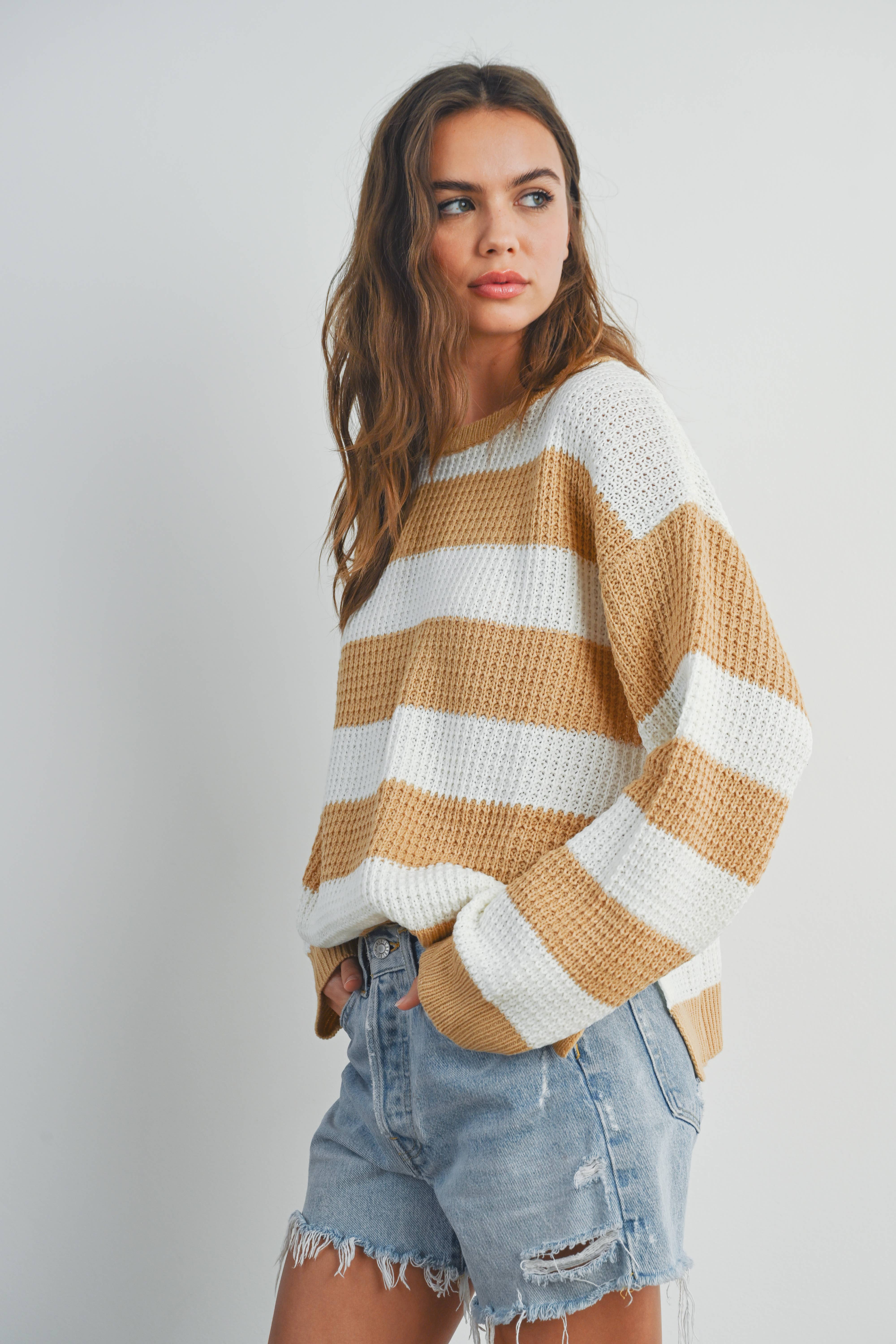 BUTTERMELON - Wholesale Knit Sweater - Women's - Striped Round Neck Long Sleeve Sweater - BMW732918