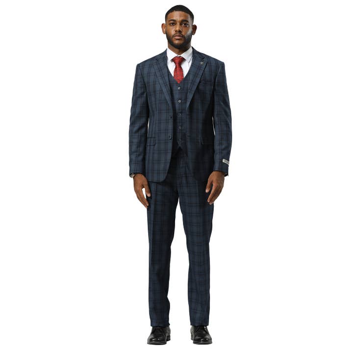 Stacy Adams Windowpane Plaid Vested Suit Set, Navy Blue for wholesale by Suits America
