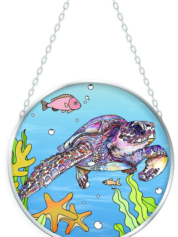 Swimming Sea Turtle - 4.5" Medium Glass Circle Suncatcher for wholesale by Bridgeton Hall