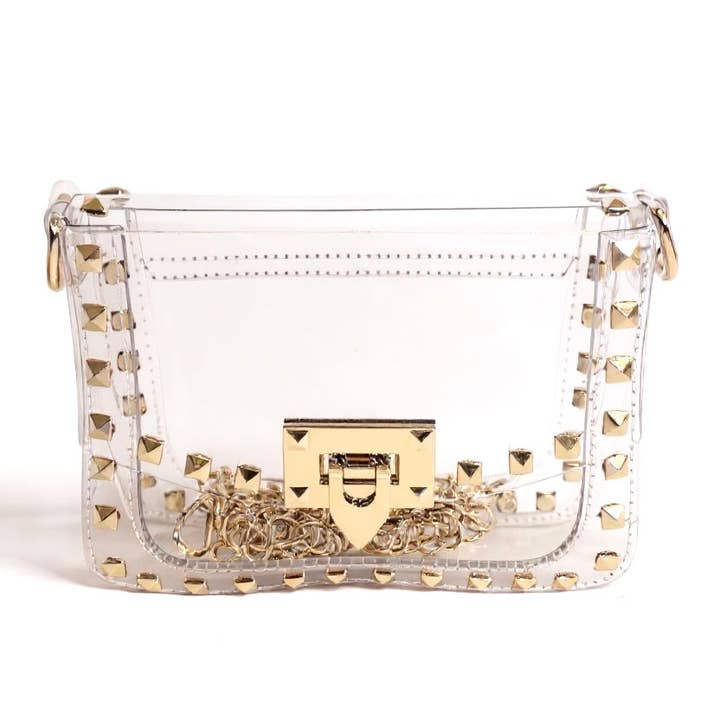 The Stephanie Clear Crossbody Handbag with Rivets for wholesale by Gameday Luxe