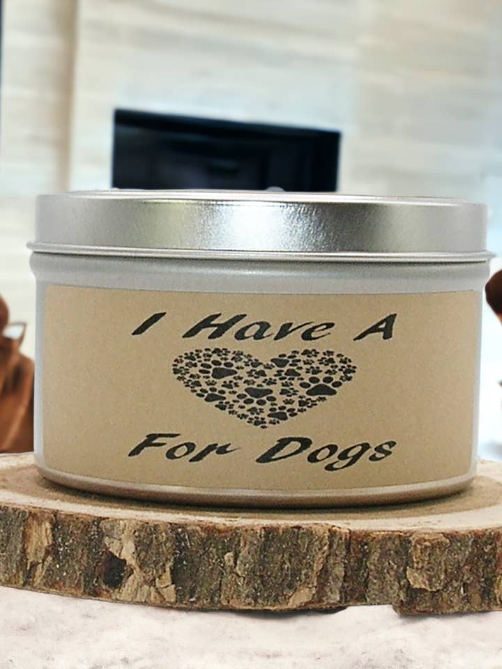 I Have A Heart For Dogs 6 oz. Tin - Oakmoss & Amber for wholesale by Wixed Paw Candle Company LLC.