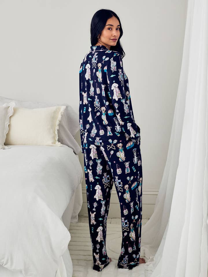 Tall TENCEL™ Modal Tennis Dogs Print Long Pyjama Set - Navy for wholesale by Chelsea Peers