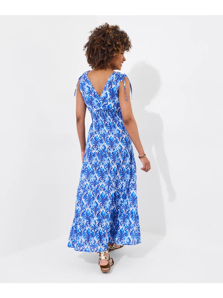 Blue Santorini Blues Tie Shoulder Cotton Maxi Dress for wholesale on Faire