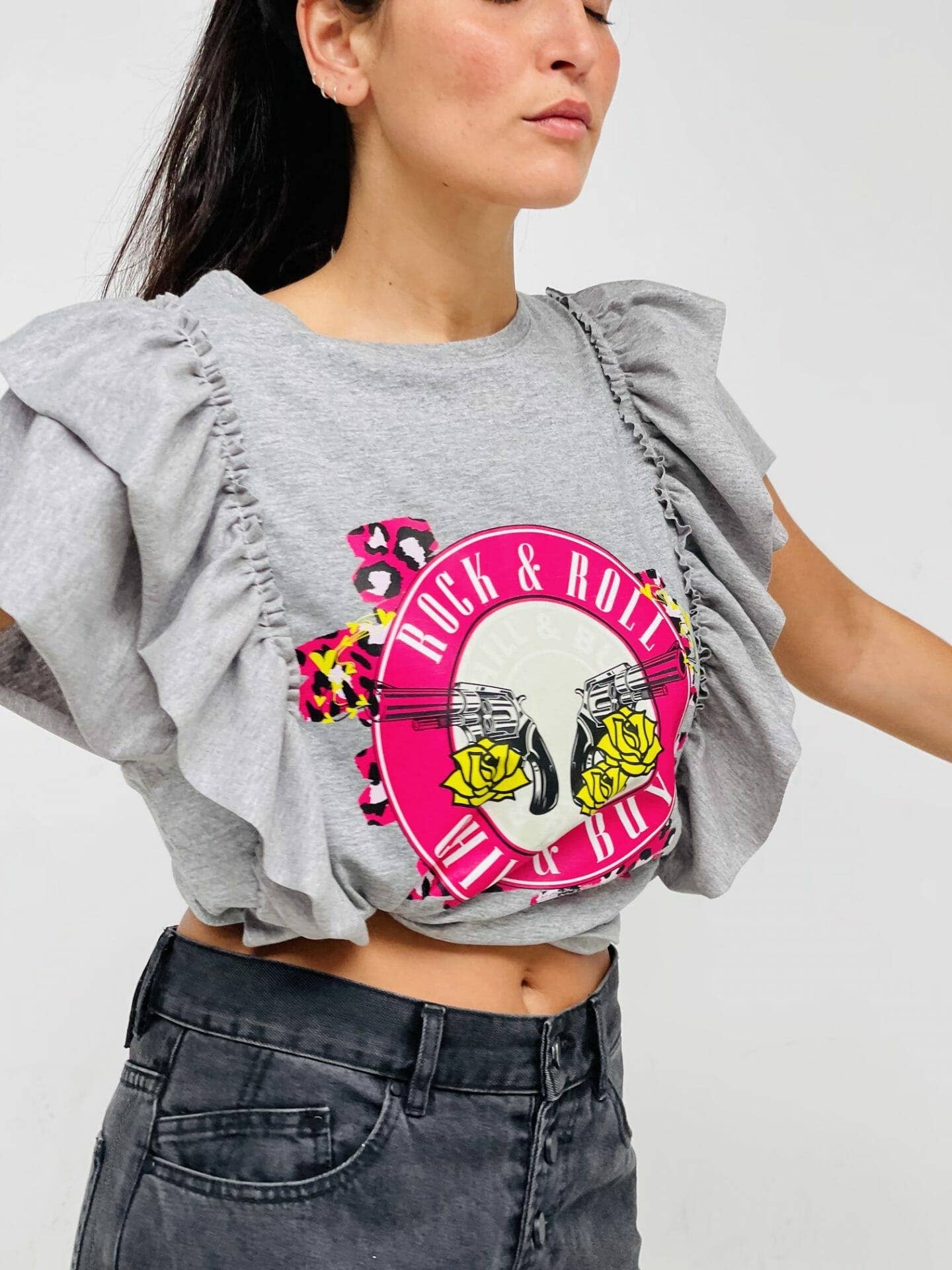 gris T-shirt à double volant rose fuchsia en vente sur Faire0