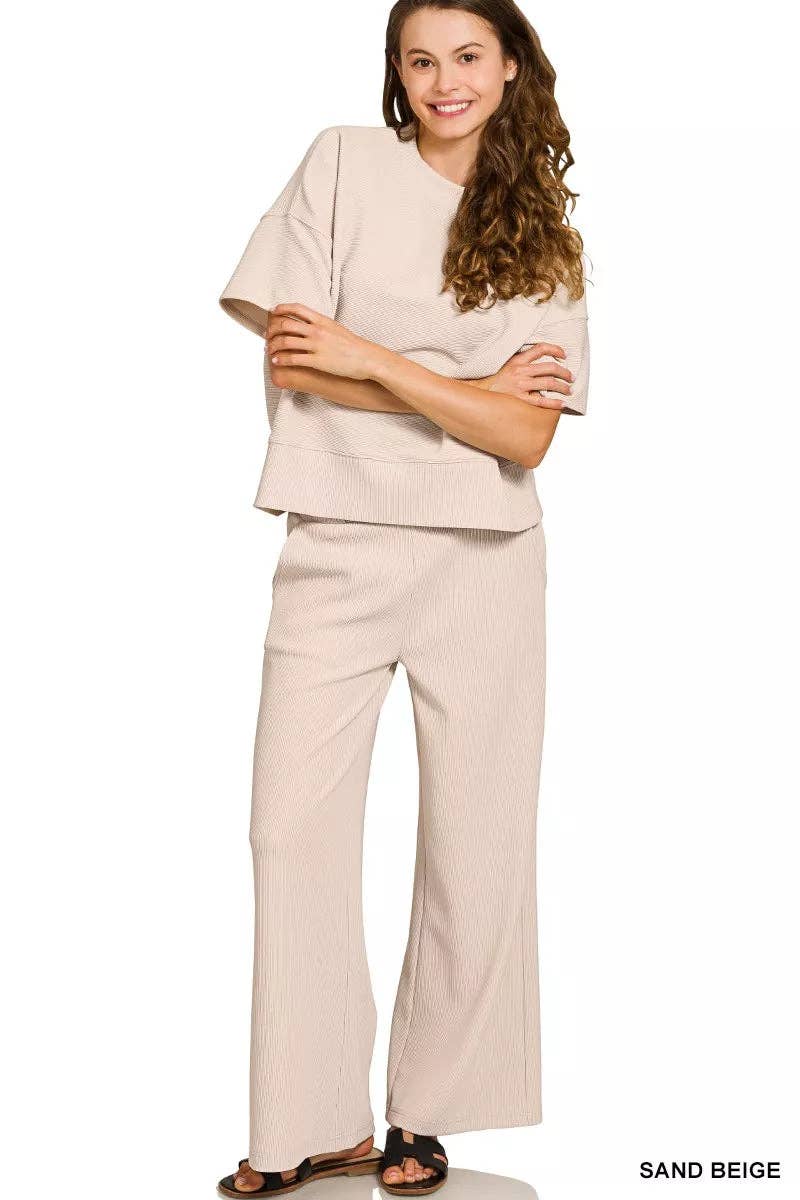 SAND BEIGE Zenana Ribbed Round Neck Tee & Pants Set for wholesale on Faire