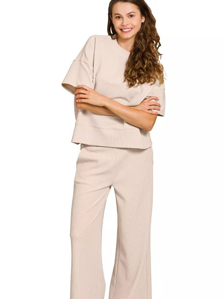 SAND BEIGE Zenana Ribbed Round Neck Tee & Pants Set for wholesale on Faire0