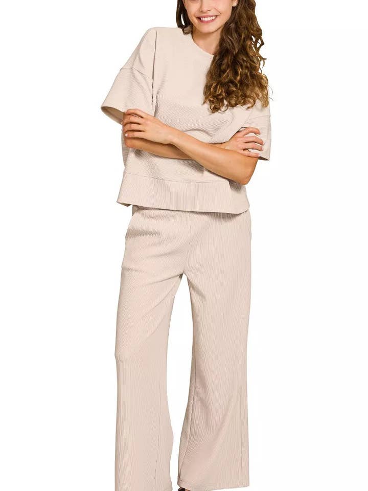 SAND BEIGE Zenana Ribbed Round Neck Tee & Pants Set for wholesale on Faire