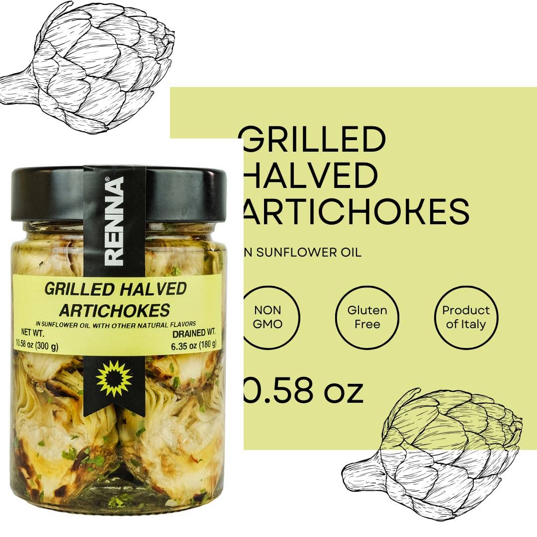 Wholesale Italian Food - Wholesale Pickled Vegetables - SALE! Renna, Grilled Roasted Halved Artichokes preserved in oil, 10.58oz2