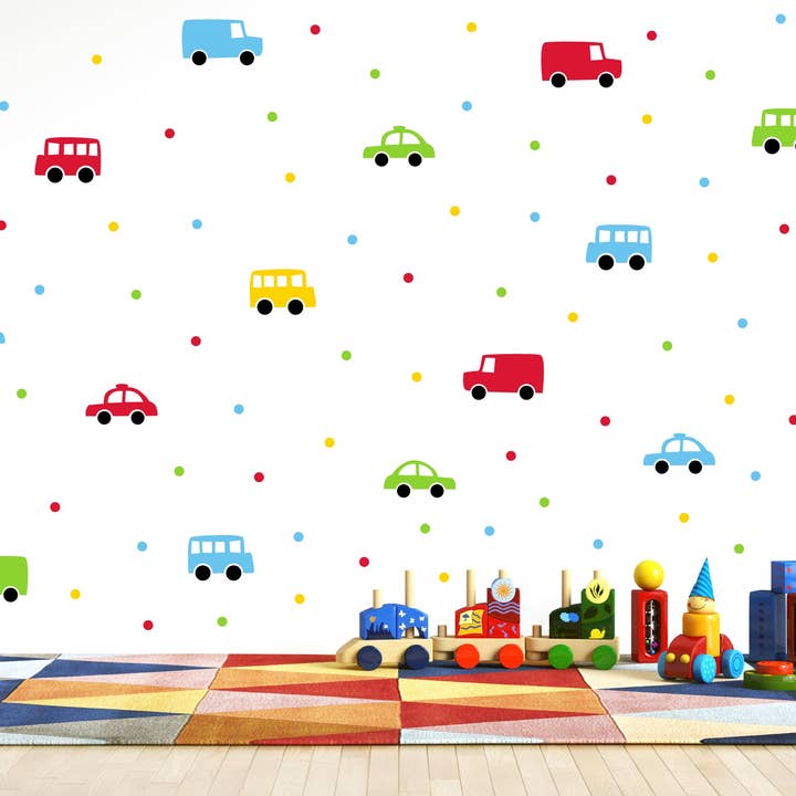 Autocollants muraux pour véhicules, Autocollants muraux pour voitures, Autocollants pour chambre de garçons, Autocollants muraux de transport urbain, Voitures et bus colorés dessinés à la main, Décoration de salle de jeux pour la vente par Decals Online