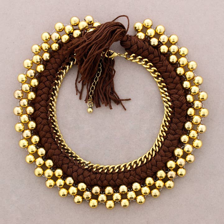 Sonata - Vente Bijoux à boutons pression - Collier ras-du-cou en fil tressé avec perles dorées5