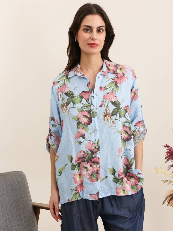 la maison des fibres naturelles - Wholesale Button Down Shirt - Women's - Floral shirt in linen blend 20090f 20% viscose 80% linen
