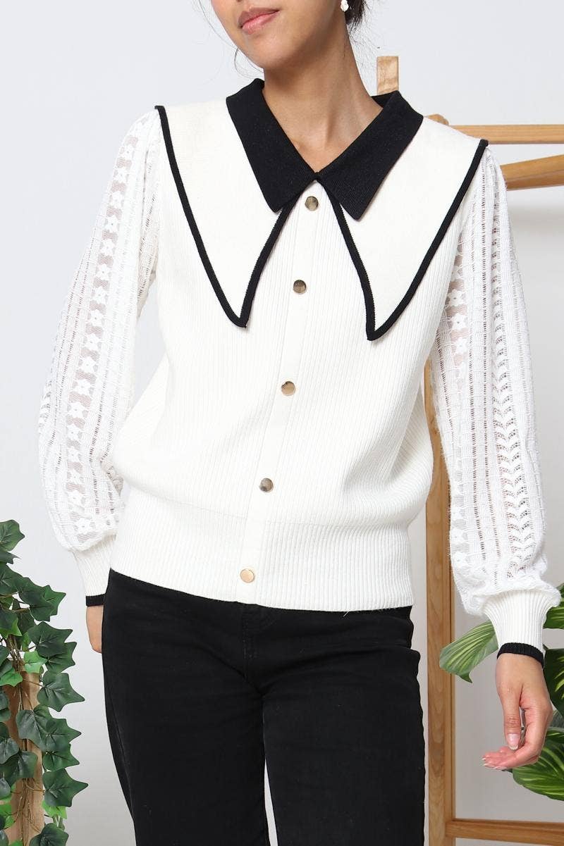 DIX-ONZE - Vendita all'ingrosso Cardigan - Donna - Cardigan con Colletto Claudine a Contrasto e Maniche in Pizzo4