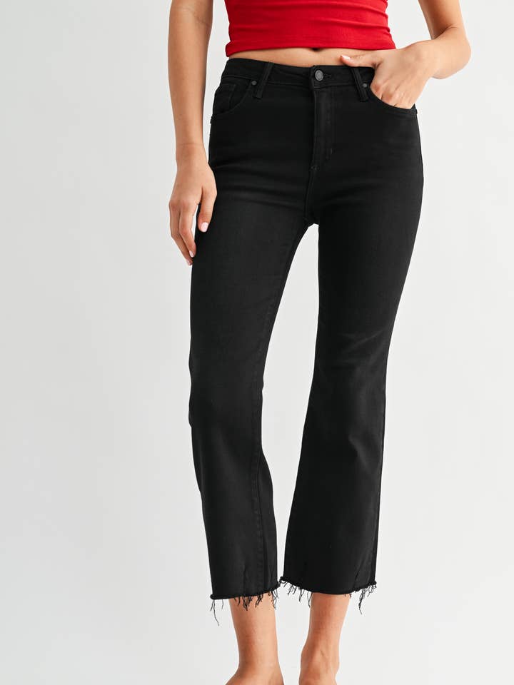 BP298J - BLK - High Rise Crop Flare w/ Distressed Hem for wholesale by JUST BLACK DENIM