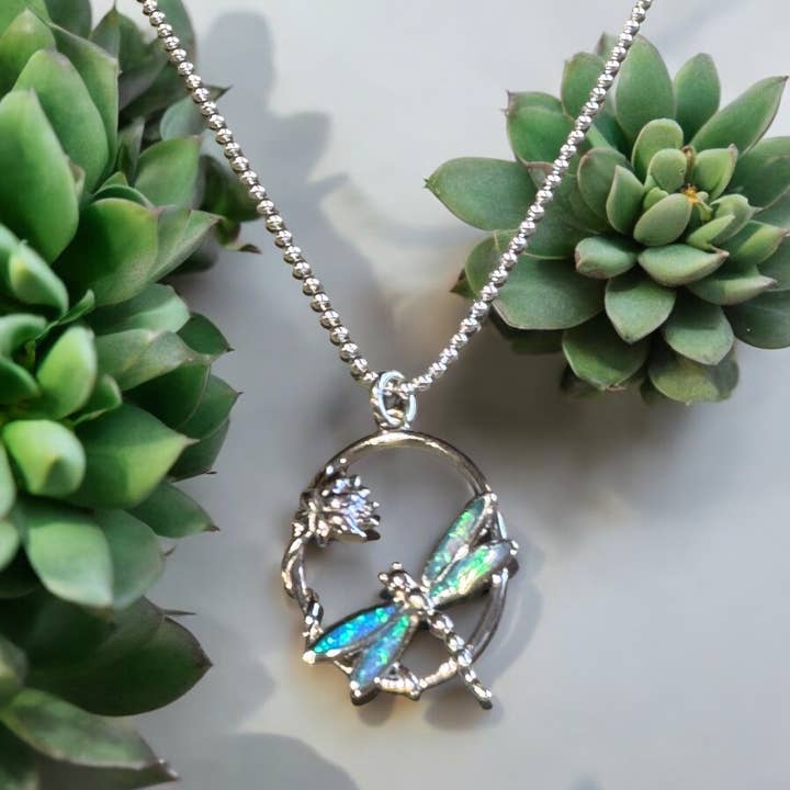 Jackie Gallagher Designs - Handmade Coastal Jewelry - Wholesale Pendant/Charm Necklace - Sterling silver Dragonfly Necklace with lab opal