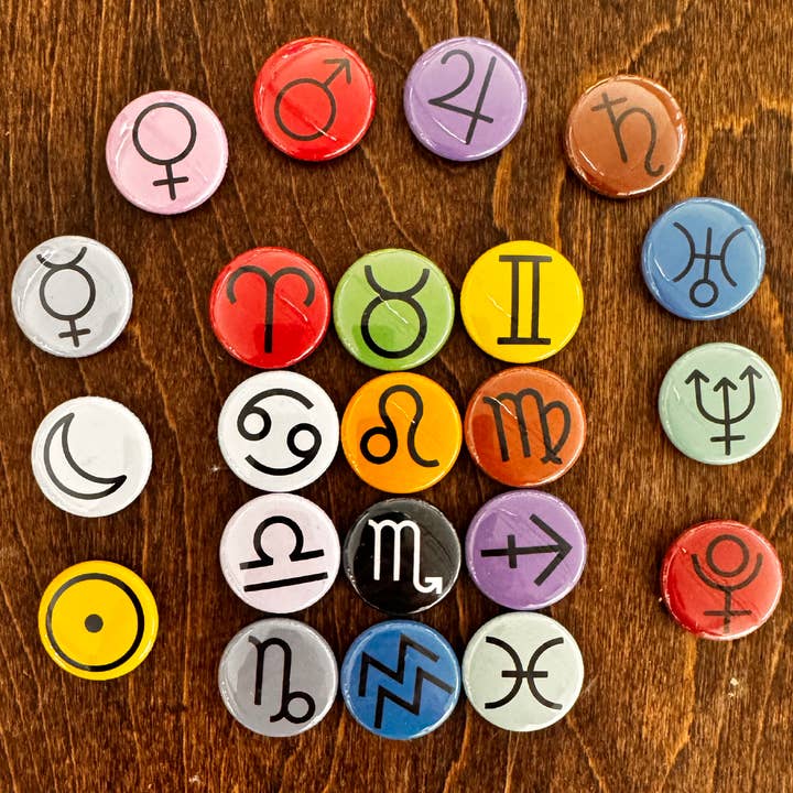 The Button Girl - Wholesale Lapel Pin/Button - All Planets and Zodiacs Glyphs!!
