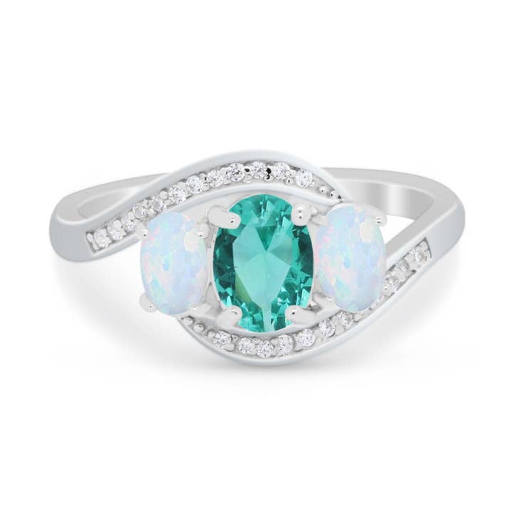 3-Stone Swirl Wedding Ring Oval Simulated Paraiba Tourmaline CZ for wholesale by Blue Apple Imports