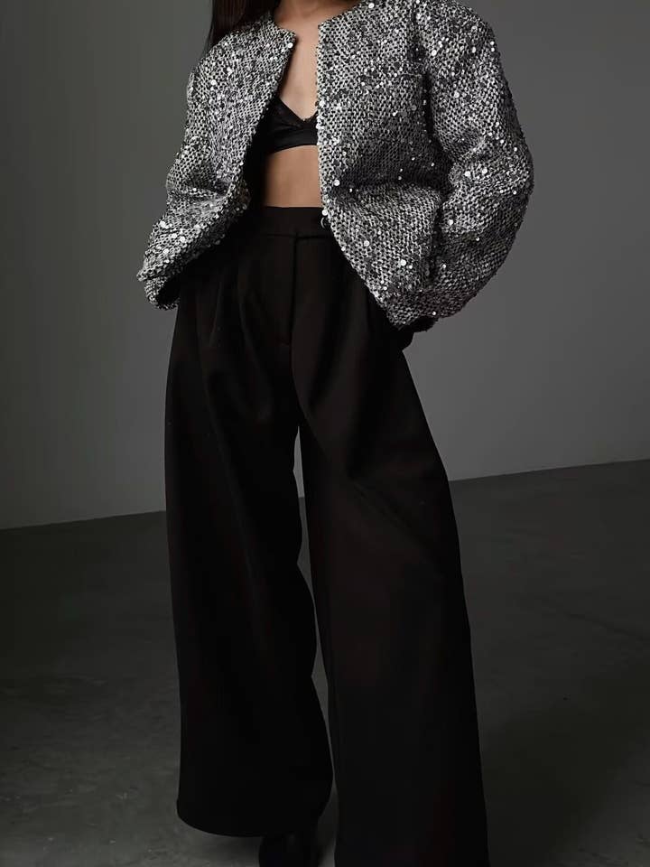 silver sequin tweed bomber jacket for wholesale on Faire