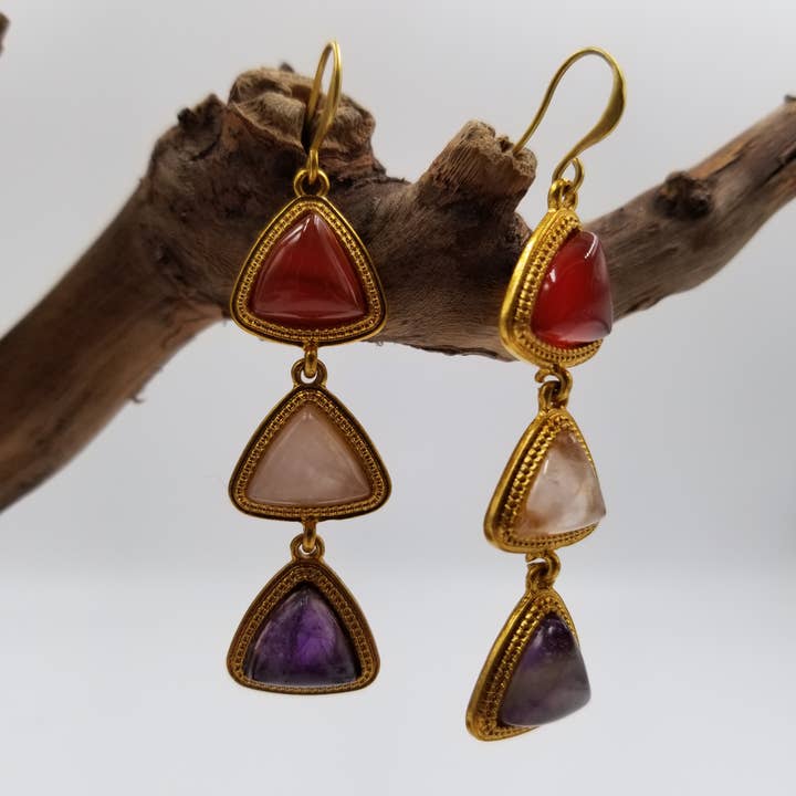 Handmade Natural Stone Triangular Tassel Earrings for wholesale by CHAKRA JEWELRY