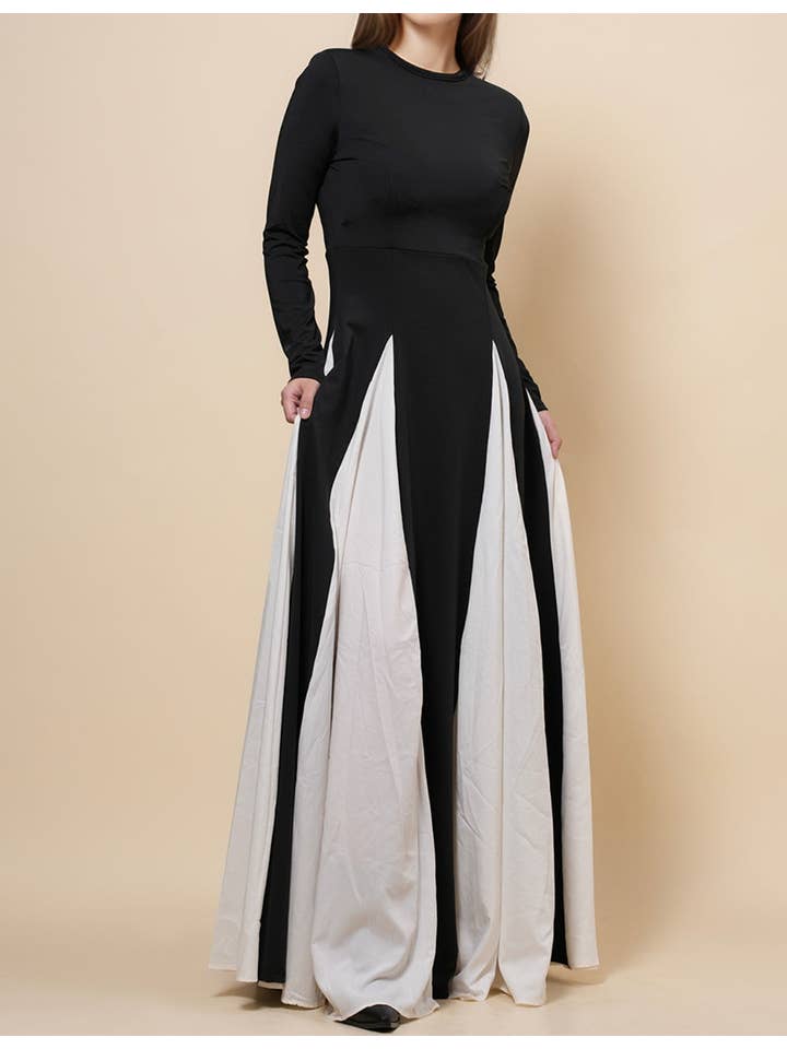 Black Ladies Elegant Color Block Godet Hem Maxi Dress SKD4886 for wholesale on Faire