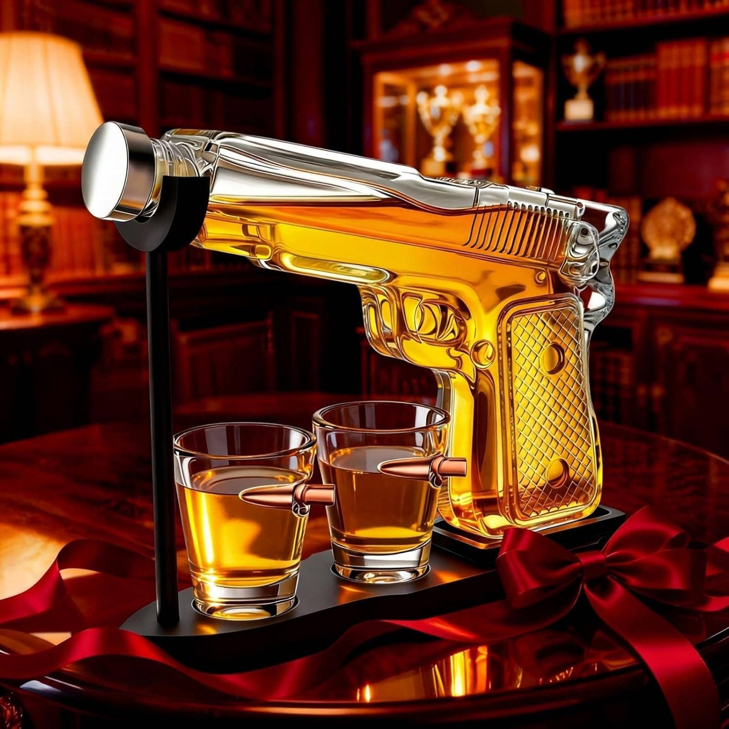 The Wine Savant /  Khen Glassware - Wholesale Decanter - Pistol Gun Decanter Set + 2 Bullet shot Glasses & Wood Stand1