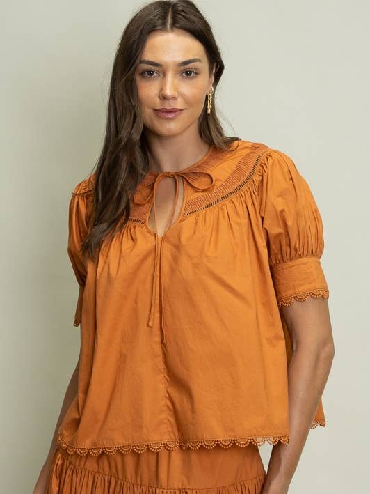 JOT1143 Scallop Trim Embroidered Puff Sleeve Top for wholesale by Heyson