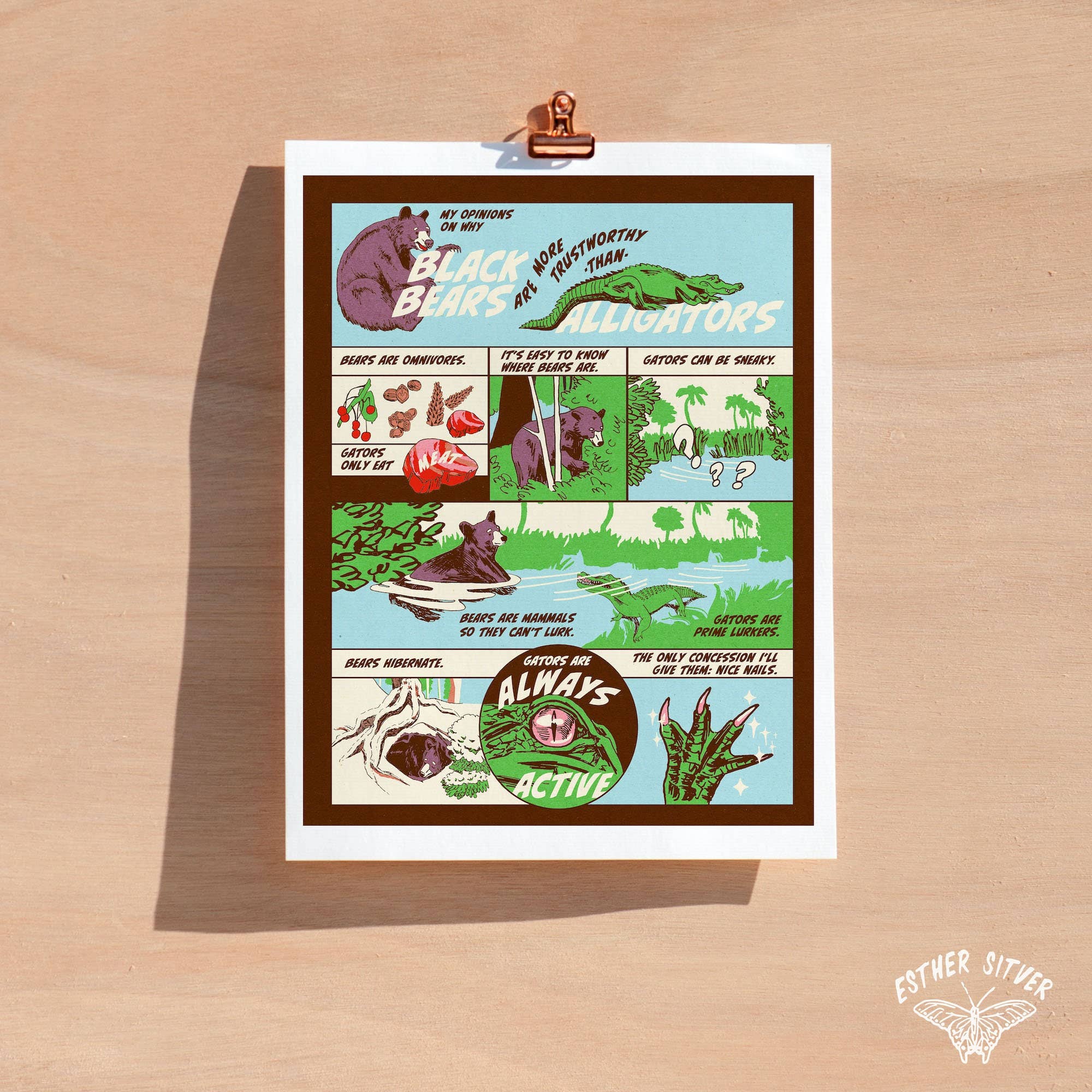 Esther Sketch - Wholesale Art Print - Gator vs Bear Animal Comic Print 8.5"x11"2