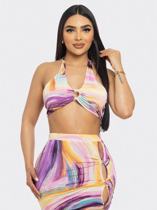 Lila virvelmönstrad halterneck-topp och minikjolset för wholesale av Stylish Wholesale