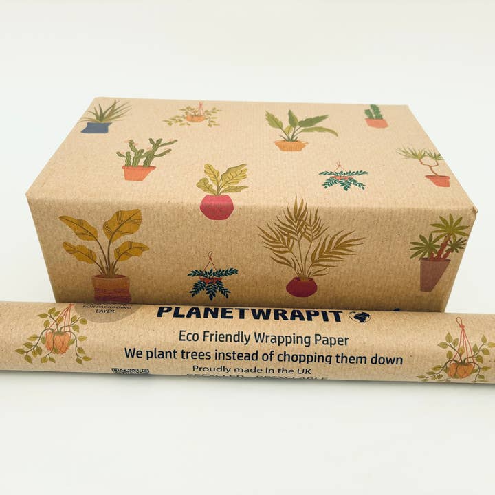 PlanetWrapIt - Wholesale Wrapping Paper Roll - Houseplants Recycled Kraft Wrapping Paper Gift Wrap