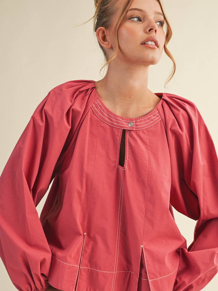 &MERCI - Wholesale Blouse - Women's - CONTRAST STITCH PLEATED BLOUSE MTP43342