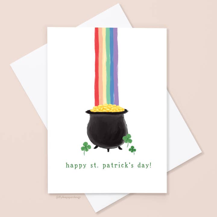 Kruka med guld och regnbåge St. Patrick's Day-kort för wholesale av Fly Like Paper Design