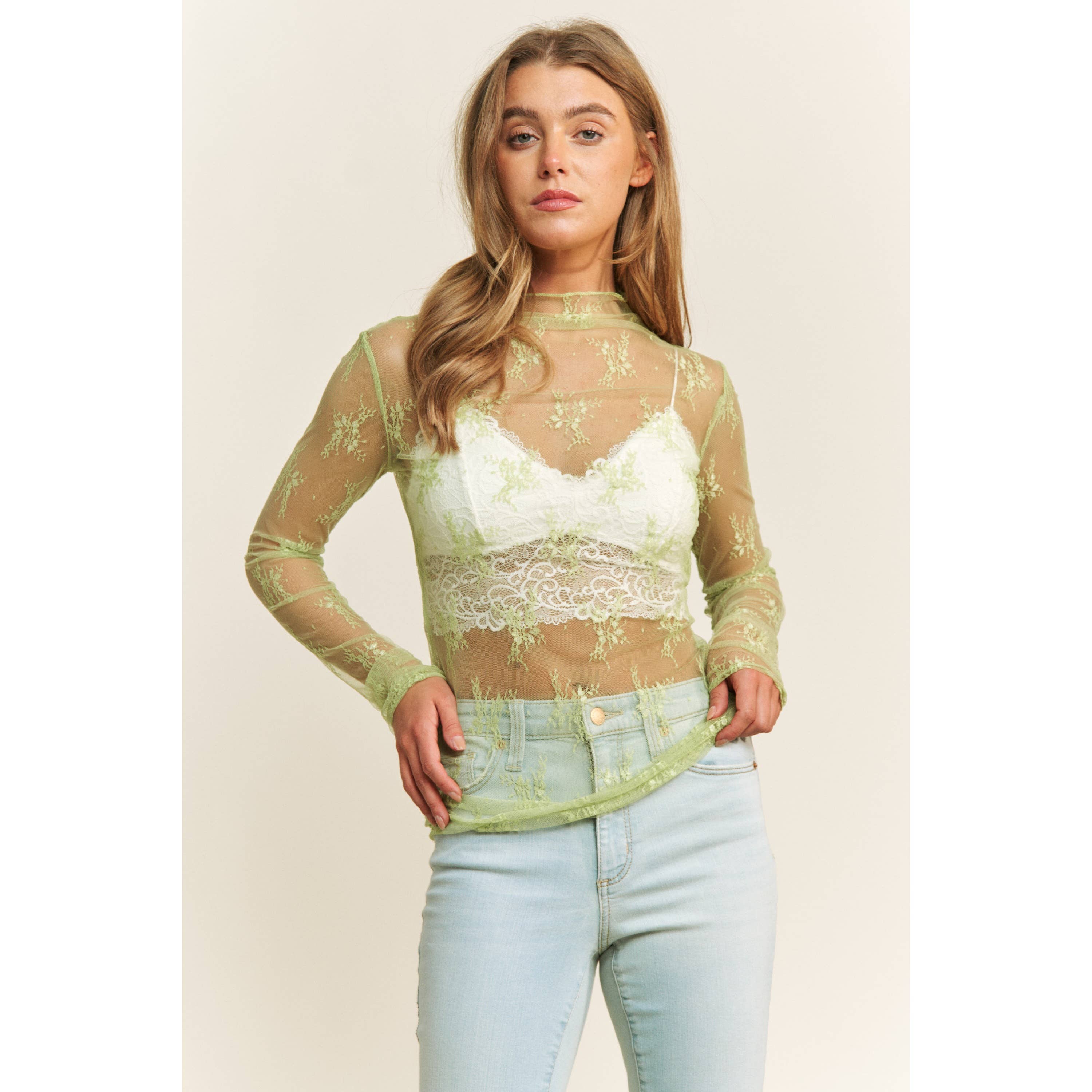 Sweet Generis – Engroshandel Strikket top - Dame – Mesh top med blonder, høj hals og tætsiddende design med lange ærmer65