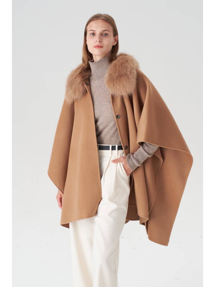 Cashmere Cape with Detachable Fur Collar - Camel for wholesale on Faire1