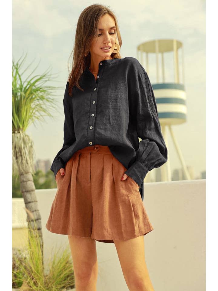 Frieeah - Wholesale Button Down Shirt - Women's - Helen | Flax-Linen Oversized Button-Up Shirt