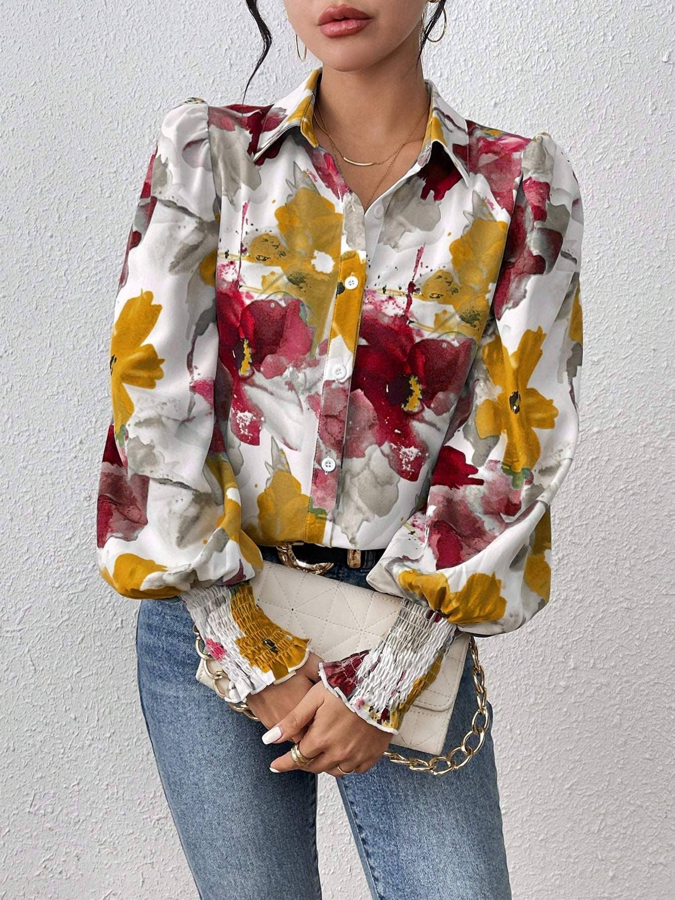 Fashion Combination - Wholesale Button Down Shirt - Women's - priv floral print lantern sleeve shirt14