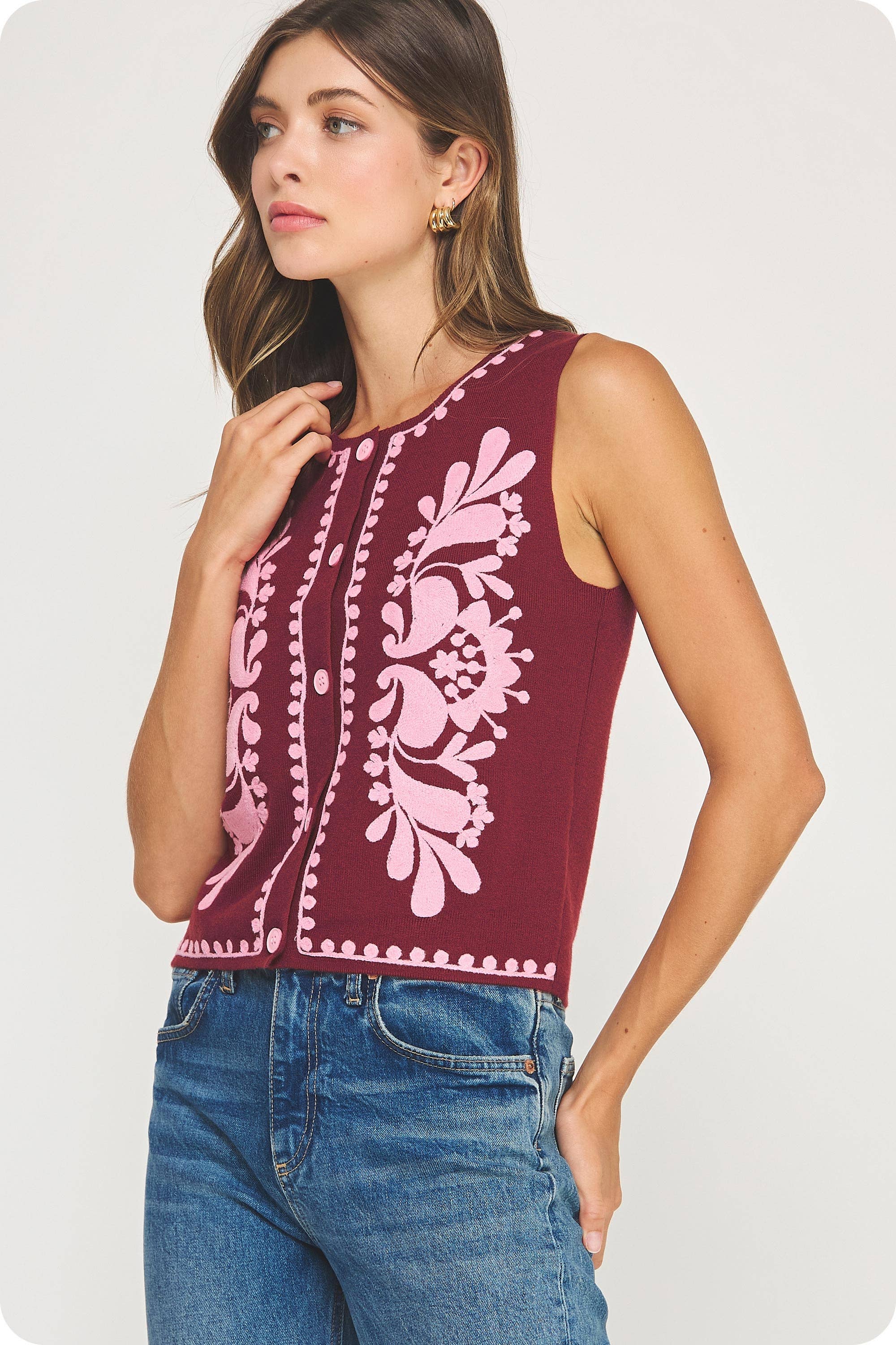 Strut & Bolt - Venta al por mayor Chaleco de abrigo - Mujer - Top sin mangas de punto con bordado floral23