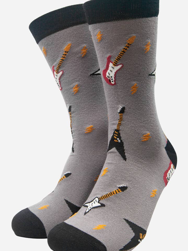 Grey Men's Electric Guitar Print Bamboo Socks for wholesale by Sock Talk