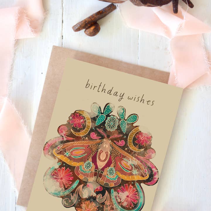 Tirzah Lane Art - Wholesale Birthday Card - Horseshoe Moth Birthday Wishes Western Birthday Card