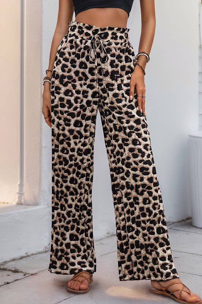 Black Leopard Pleated Wide-Leg High Waist Pants for wholesale on Faire3
