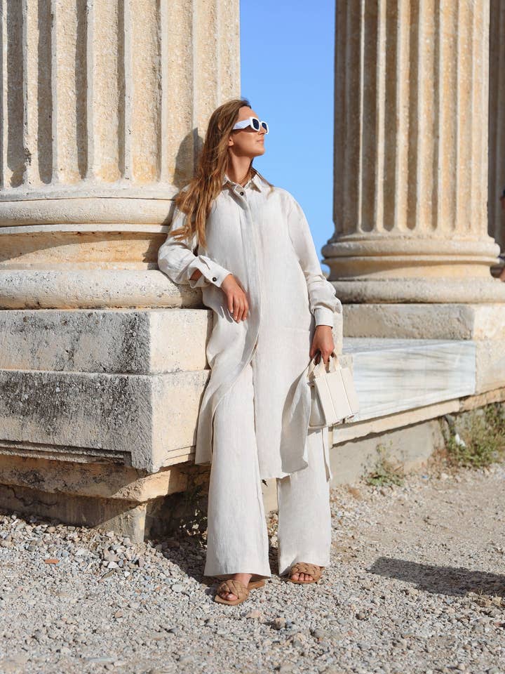 Women's Linen Set CW011 in NATURAL MELANGE for wholesale by Unique Linen