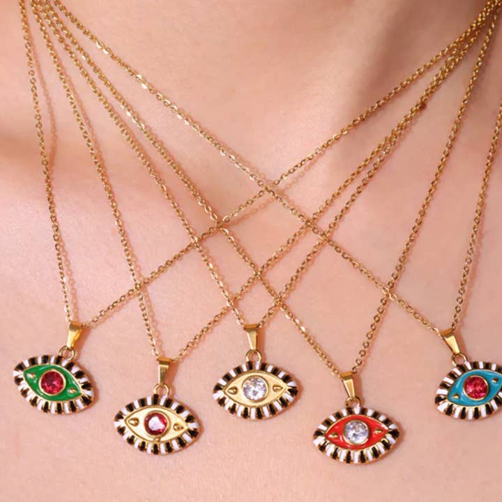 HoopLa - Wholesale Pendant/Charm Necklace - Evil Eye Third Eye Enamel and Crystal Pendant Necklace