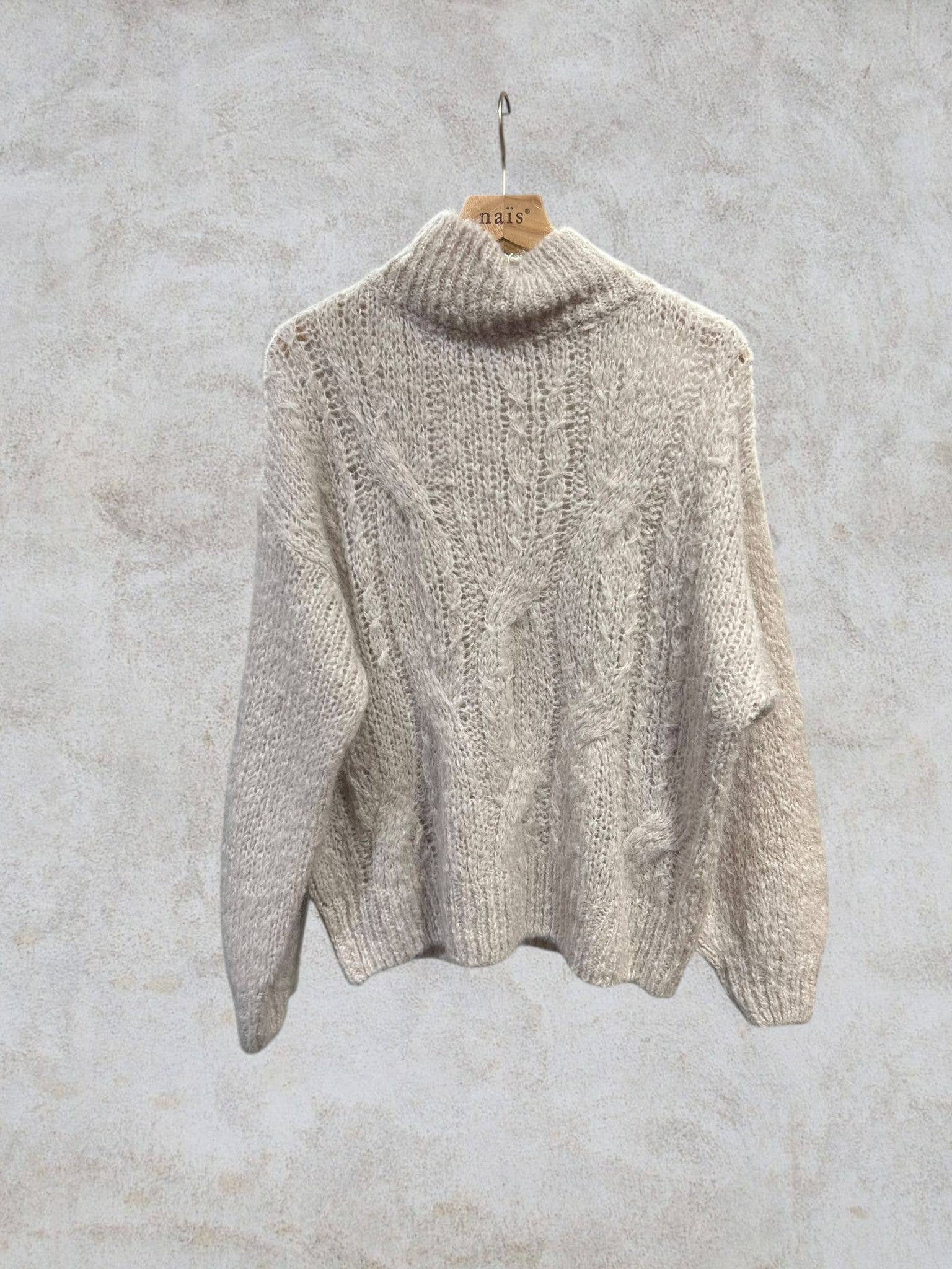 NAÏS PARIS – Pulôver - Mulher por atacado – Camisola de gola alta oversize com padrão entrançado 55% mohair0