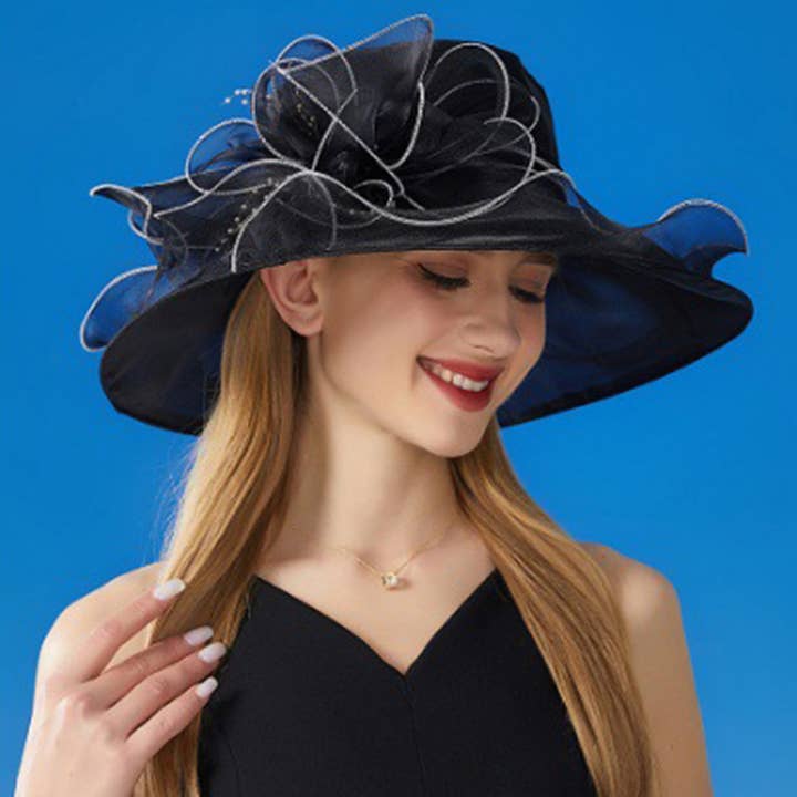 AK Brand - Wholesale Fascinator Hat - Women's - Wide Brim Organza Dress Hat with Sheer Ribbon Floral Design12