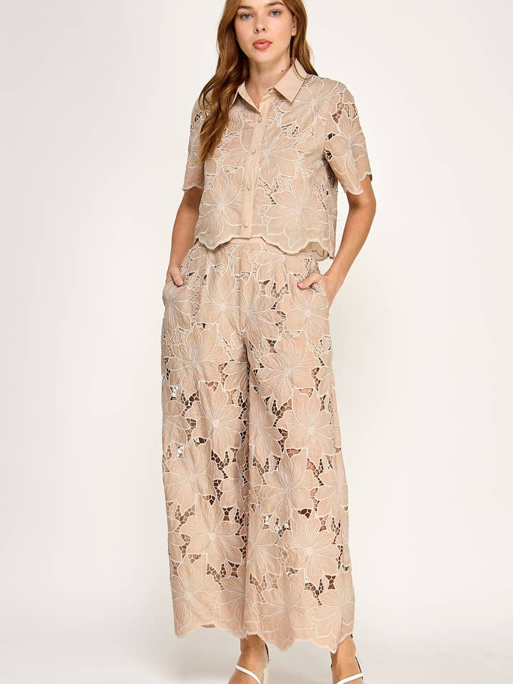 TP-10274-6 CALÇAS LARGAS DE RENDA FLORAL-MOUSSE por atacado de Ellison