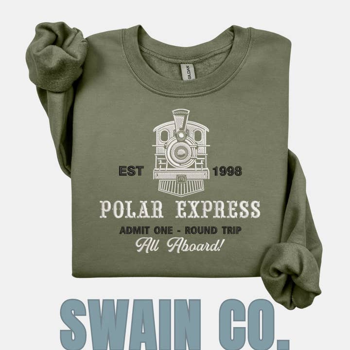 Christmas Train Embroidered Crewneck Sweatshirt | Cozy Holiday Sweatshirt | Retro Christmas Train Embroidery | Christmas Gift for Her or Him for wholesale by Swain Co. Embroidery & Press