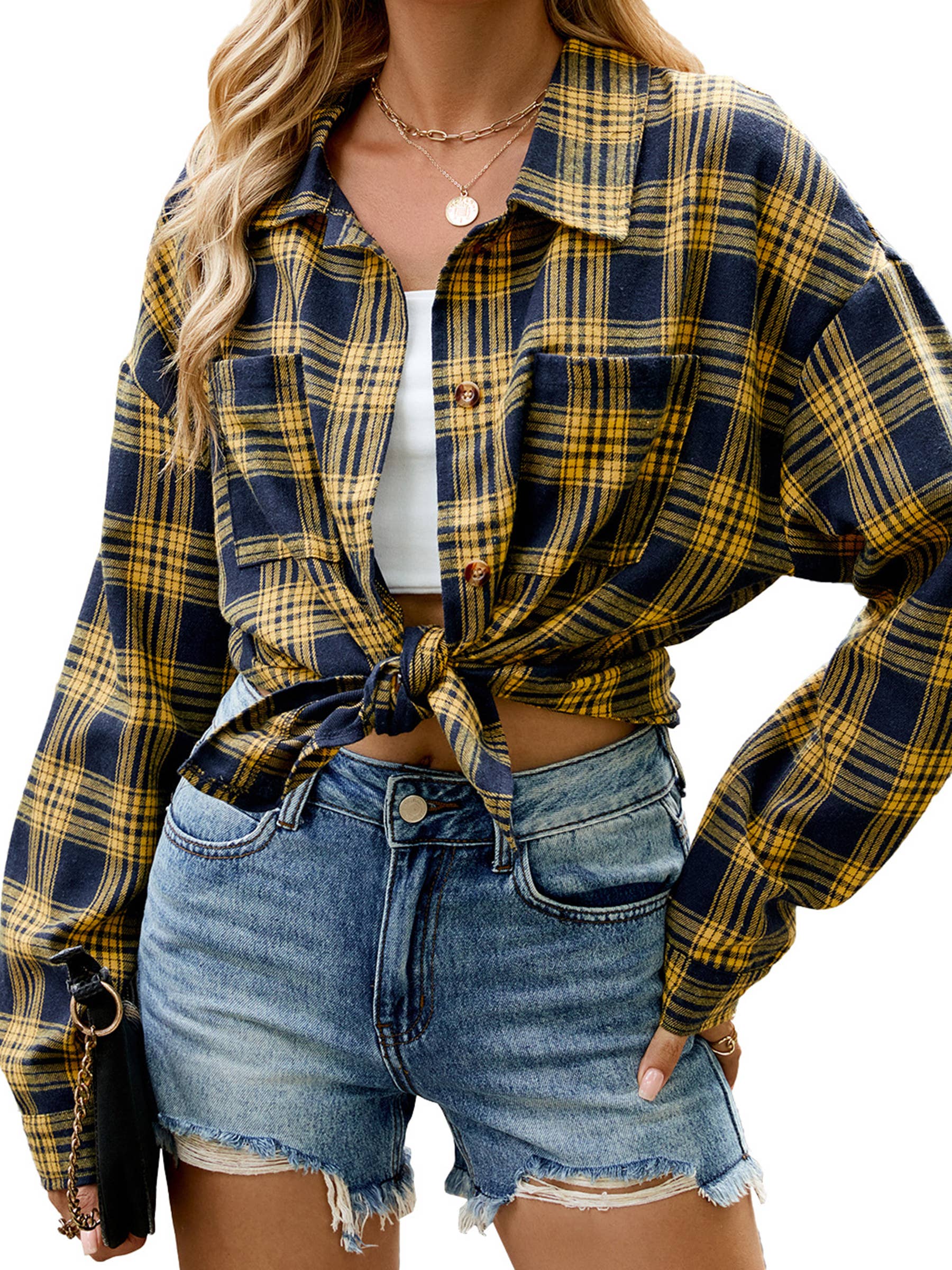 Wholesalesir - Wholesale Button Down Shirt - Women's - Collar Long Sleeved Pocket Button Checkered Top6